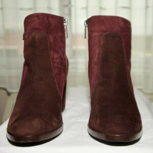 Aquatalia Two-Tone Burgundy/Brown Ankle Booties. Heel 3.5 inches